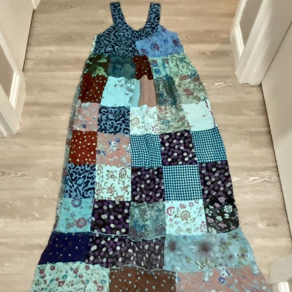 Palak Quilted Patchwork Boho Artsy Festival Viscose Sheath Maxi Sun Dress L